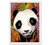 Cute Panda In Bright Colourful Pattern Jungle Leaves Illustration Artwork Framed Wall Art Print A4 Artery8 White One Size