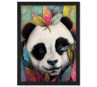 Cute Panda In Bright Colourful Tribal Pattern Jungle Leaves Illustration Artwork Framed Wall Art Print A4 Artery8 Black One Size