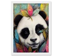 Cute Panda In Bright Colourful Tribal Pattern Jungle Leaves Illustration Artwork Framed Wall Art Print A4 Artery8 White One Size