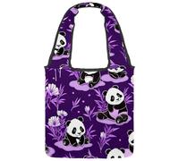 Cute Panda on Purple Reversible Canvas Shoulder Tote - Double-Sided Print, 12oz Cotton, 27cm Drop, Fold-Flat Bag for Travel, Shopping, Street Outings