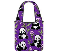Cute Panda on Purple Reversible Canvas Shoulder Tote - Double-Sided Print, 12oz Cotton, 27cm Drop, Fold-Flat Bag for Travel, Shopping, Street Outings