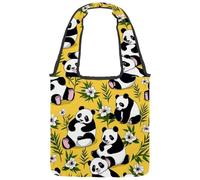 Cute Panda on Yellow Reversible Canvas Shoulder Tote - Double-Sided Print, 12oz Cotton, 27cm Drop, Fold-Flat Bag for Travel, Shopping, Street Outings
