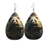 Cute Panda Plant Pattern leather earrings | Water drop-shaped printed earrings, suitable for daily/party/dating scenes