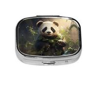 Cute Panda Plant Square Pill Box with Full Print Design - Portable Metal Travel Case for Vitamins & Medication, 2.2x1.6x0.7 Inch.