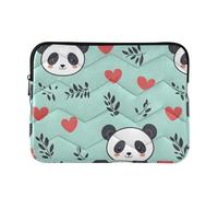 Cute Panda Red Hearts Green Quilted Laptop Sleeve with Shock Absorbent Padding, Water Resistant Exterior, Large