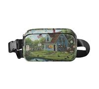 Cute Panda Retro Bathtub Fashion Fanny Pack Waist Bag for Men Women Large Capacity Crossbody Sling Bag for Hiking, Idyllic Village Haven Charming House Pond, One Size