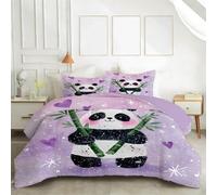 Cute Panda Single Duvet, Green Bamboo Reversible Coverless Duvet Single, Soft Warm All Seasons Comforter, Machine Washable Microfiber Quilt with 2 Pillowcases, 135x200 cm #W24
