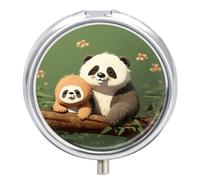 Cute Panda Sloth Pill Box 3 Compartment Travel Pill Organizer 3 Times A Day Cute Mini Pill Case for Purse & Pocket Portable Metal Medicine Box with Mirror Round Daily Medicine Vitamin Container