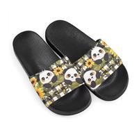 Cute Panda Sunflower Buffalo Plaid Novelty Slide Sandals for Women, Comfotable Open Toe Non Slip Single Band Slide Sandals
