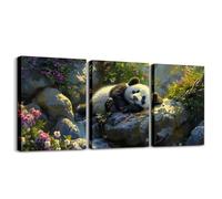 Cute Panda Wildlife Framed Pictures Wall Decor Wild Flowers Wall Decor for Bedroom Office Leaves Rock Nature Scenery Ready to Hang Pictures Home Decor 3 Pieces