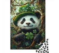 Cute Panda with Clover Hat 1000-Piece Puzzle for Adults, 52x38cm/1000pcs, for Quiet Downtime Without A Screen; White Cardboard for Cleaner Sorting