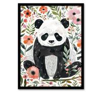 Cute Panda with Flowers Boho Floral Watercolour Framed Wall Art Artery8 Multi W12 inch x H16 inch