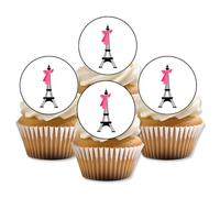 Cute Paris Eiffel Tower Edible Cupcake Toppers - Pink Bow Cake Decorations for Birthdays, Parisian Themed Parties, Hen Do's - 24 x 4cm/1.5 Inch Discs (UNCUT)