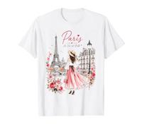 Cute Paris France Eiffel Tower Floral Dress Romantic Scene Value Graphic T-Shirt, Men, White, L