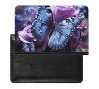 Cute Passport Holder for Travel,Personalized Multi-Functional Passport Cover with Card Slots,Slim Purple Rose And Butterfly Printed Passport Wallet for Women Men