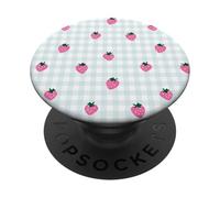 Cute Pastel Pink Strawberry Pattern Kawaii Blue Gingham PopSockets Adhesive PopGrip