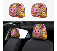 Cute Patchwork Colorful Big Fat Pig Head Rest Cover Car Accessories, 2 Pcs Car Seat Headrest Cover, Washable Headrest Protector Universal Fit To All Car Suvs Truck Van Vehicles Auto