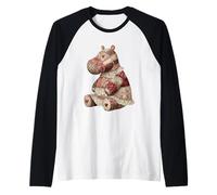 Cute Patchwork Hippo with Lace Hearts Rustic Vintage Raglan Baseball Tee