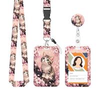 Cute Patterned Lanyard with ID Badge Holder and Retractable Badge Reel, Breakaway Badge Lanyard with Vertical Card Holder for Nurses Teachers Students Office Workers（Spring Sakura Kitten）