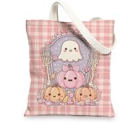 Cute Peach Ghost Canvas Tote Bags, Fanciful Pumpkin Pattern Reusable Grocery Bags, Lightweight Washable Shoulder Strap Canv, Peach, 13x15 Inch