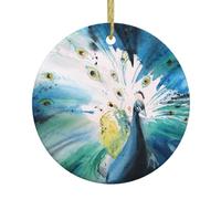 Cute Peacock Print Christmas Tree Ceramic Hanging Ornaments,Round Ceramic Decorations,For Home, Christmas