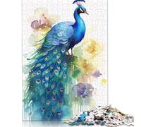 Cute Peacock Watercolor Jigsaw Puzzles for Adults Kids. 1000 Piece Impossible Challenge Toy Educational Games Home Decoration for Educational Games 1000pcs (38x26cm)