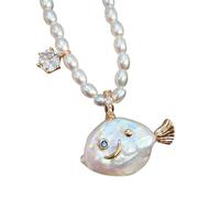 Cute Pearl Fish Zircon Pendant Necklace, Natural Pearl Irregular Fish Shape Women Pendant, Summer Beach Ocean Jewelry Clavicle Chain for Anniversary Birthday Gift