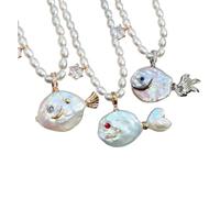 Cute Pearl Fish Zircon Pendant Necklace, Natural Pearl Irregular Fish Shape Women Pendant, Summer Beach Ocean Jewelry Clavicle Chain for Anniversary Birthday Gift