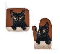 Cute Peeping Black Cat Oven Glove and Pot Holders for Kitchen, Personalized Oven Mitts with Hanging Loop, Non-Slip Hot Pads for Restaurant, Baking, Cooking, Grilling