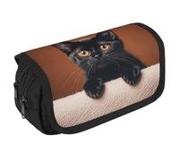 Cute Peeping Black Cat Pencil Case Organizer - Large Capacity 3 Compartment Pencil Pouch for Adults, Portable Makeup Bag & Aesthetic Stationery Bag with Zipper (8.7x4.3") Unisex Gift