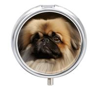 Cute Pekingese Pill Case with 3 Compartments - Portable Travel Pill Organizer for Purse, Easy-Open Button Design, Small Round Pillbox Vitamin Holder Organizer for Women Men