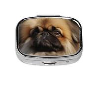 Cute Pekingese Print Pill Box Square Pill Case 2 Compartment Small Metal Medicine Organizer Portable Travel Pillbox for Pocket Purse Cute Mini Pill Container to Hold Daily Vitamins