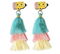 Cute Pencil and Apple Stud Tassel Earrings - Tops with Layered Fringe, Wooden Kawaii Dangles for Educators & Campus Wear, Wood, No Gemstone