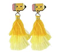 Cute Pencil and Apple Stud Tassel Earrings - Tops with Layered Fringe, Wooden Kawaii Dangles for Educators & Campus Wear, Wood, No Gemstone