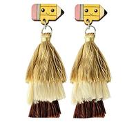 Cute Pencil and Apple Stud Tassel Earrings - Tops with Layered Fringe, Wooden Kawaii Dangles for Educators & Campus Wear, Wood, No Gemstone