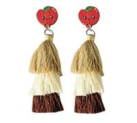 Cute Pencil and Apple Stud Tassel Earrings - Tops with Layered Fringe, Wooden Kawaii Dangles for Educators & Campus Wear, Wood, No Gemstone