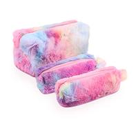 Cute Pencil Case Kawaii Pencil Pouch, Plush Fluffy Pen Case Organizer Holder, Large Capacity Fun Rainbow Stationery Storage Box Bag With Zipper School Supplies for Travel Office (Multicolor 3 Pack)