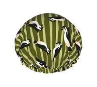 Cute Penguin And Green Stripe Pattern Shower Cap Women Reusable Long Hair Caps With Elastic Band Double Layer Bathing Shower Hat For Adults Kids