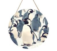 Cute Penguin Animal Pattern 12 Inch Round Wood Sign Wall Decor, Rustic Wooden Hanging Door Sign with Rope for Home Farmhouse