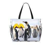 Cute Penguin Animal Pattern Print Large Waterproof Beach Tote Bag for Women with Zip and Pockets Foldable Handbag for Travel Pool Shopping Holiday Gym