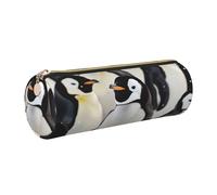 Cute Penguin Animal Pattern Printed Leather Pencil Case Cute Stationery Organizer Round Makeup Bag Pen Pouch, Gold Zipper