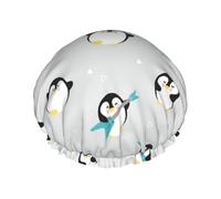 Cute Penguin Double Layer Waterproof Shower Cap, Extra Large Soft Elastic Band, Reusable Bath Cap For Women Men,Full Print Design