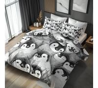 Cute Penguin Emperor Duvet Cover Sets - Black and White Animal Bedding & Bedroom Decor, Super Soft Microfiber Quilt Cover and 2 Pillowcases, with Zip, Reversible Design SD-2845