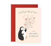 Cute Penguin Girlfriend Love Card - Sending Lots of Love - Romantic Greeting Card for Her, Babe, Women, Ladies, Couples, Partner - Anniversary, Birthday, Valentines Day - Comes with Stickers