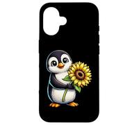 Cute Penguin Holding Sunflower Flower Case for iPhone 16