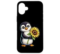 Cute Penguin Holding Sunflower Flower Case for iPhone 16 Plus