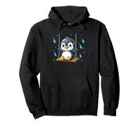 Cute Penguin on Swing in Rain Funny Cartoon Animal Pullover Hoodie