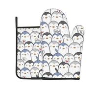 Cute Penguin Oven Gloves And Pot Holder 2 Pc Set For Kitchen Cooking,Print Thick Cotton Heat Resistant, Non-Slip