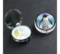Cute Penguin Pill Box with Mirror 3 Compartment Decorative Pill Case for Purse or Pocket Small Round Pill Organizer Weekly Metal Medicine Tablet Vitamin Holder Travel Gift