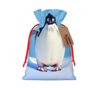 Cute Penguin prin Printed Christmas Drawstring Bags Reusable Bag for Christmas Party Xmas Gift Wrapping, Red Ribbon, S